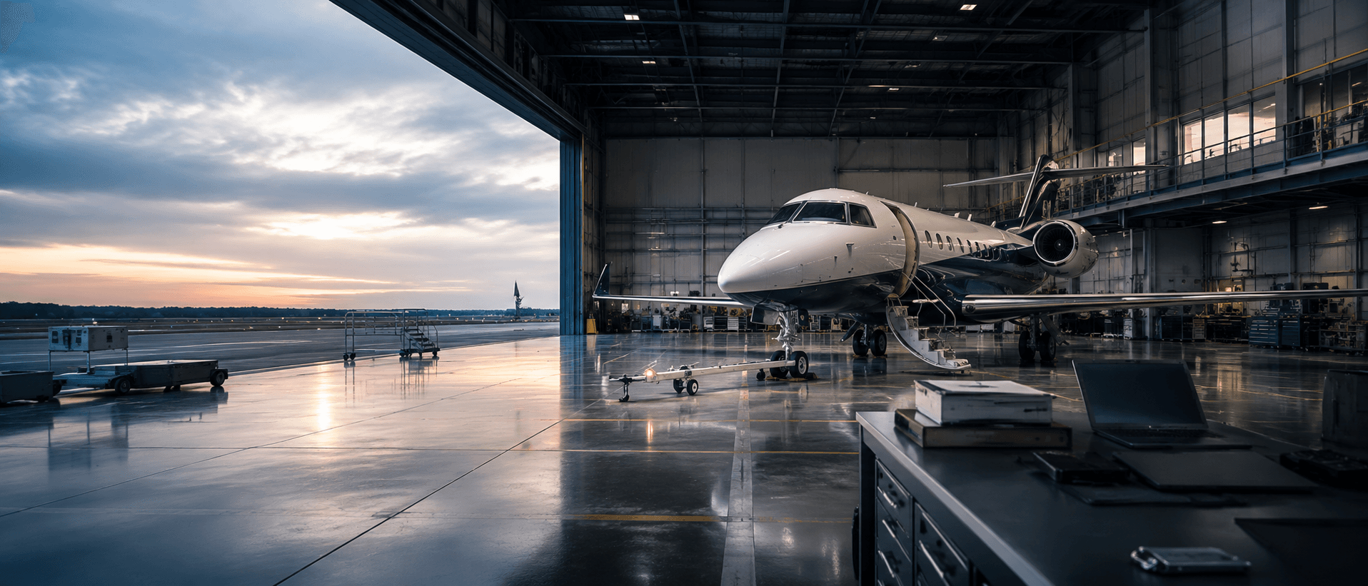 Wide aviation lifecycle panorama with aircraft operations context