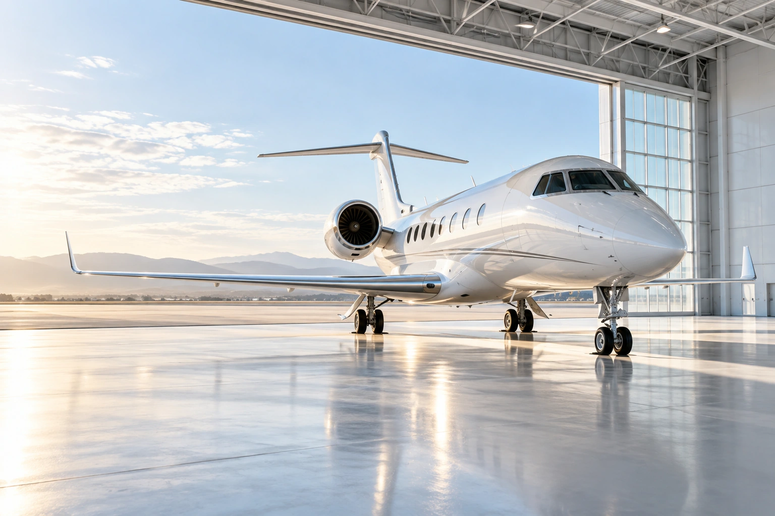 Executive aircraft inside a bright modern hangar