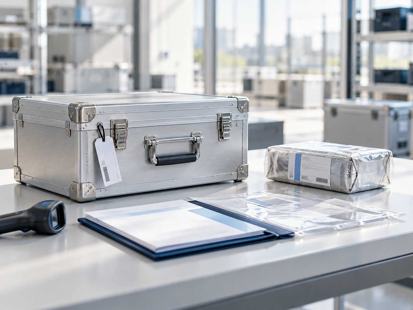 Organized aviation logistics handover with transport case and documentation